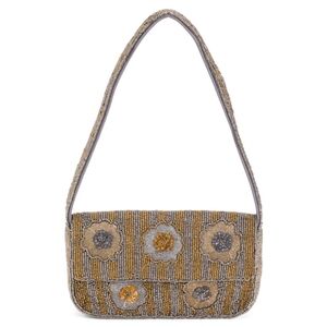 Beaded Floral Shoulder Bag in Gold and Gray - Designer Style